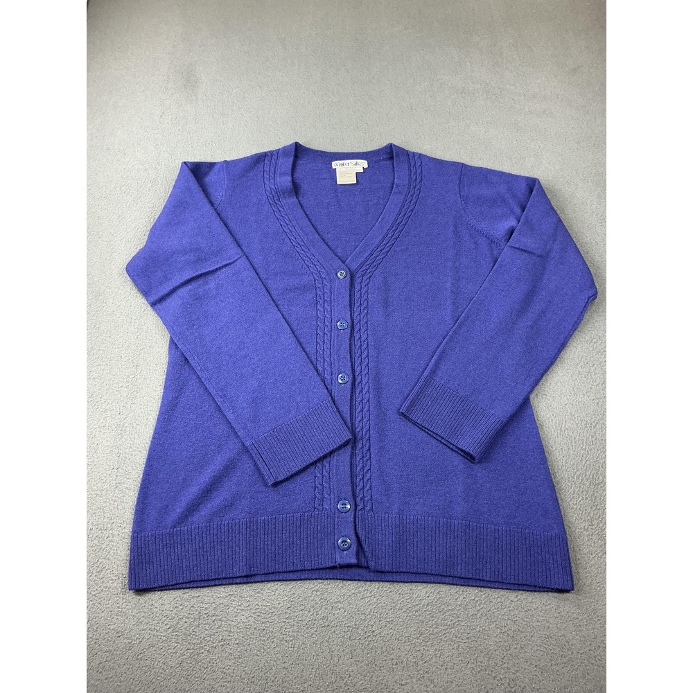 WinterSilks Cardigan Sweater Womens M Blue Wool Cashmere Button Cuffed Knit